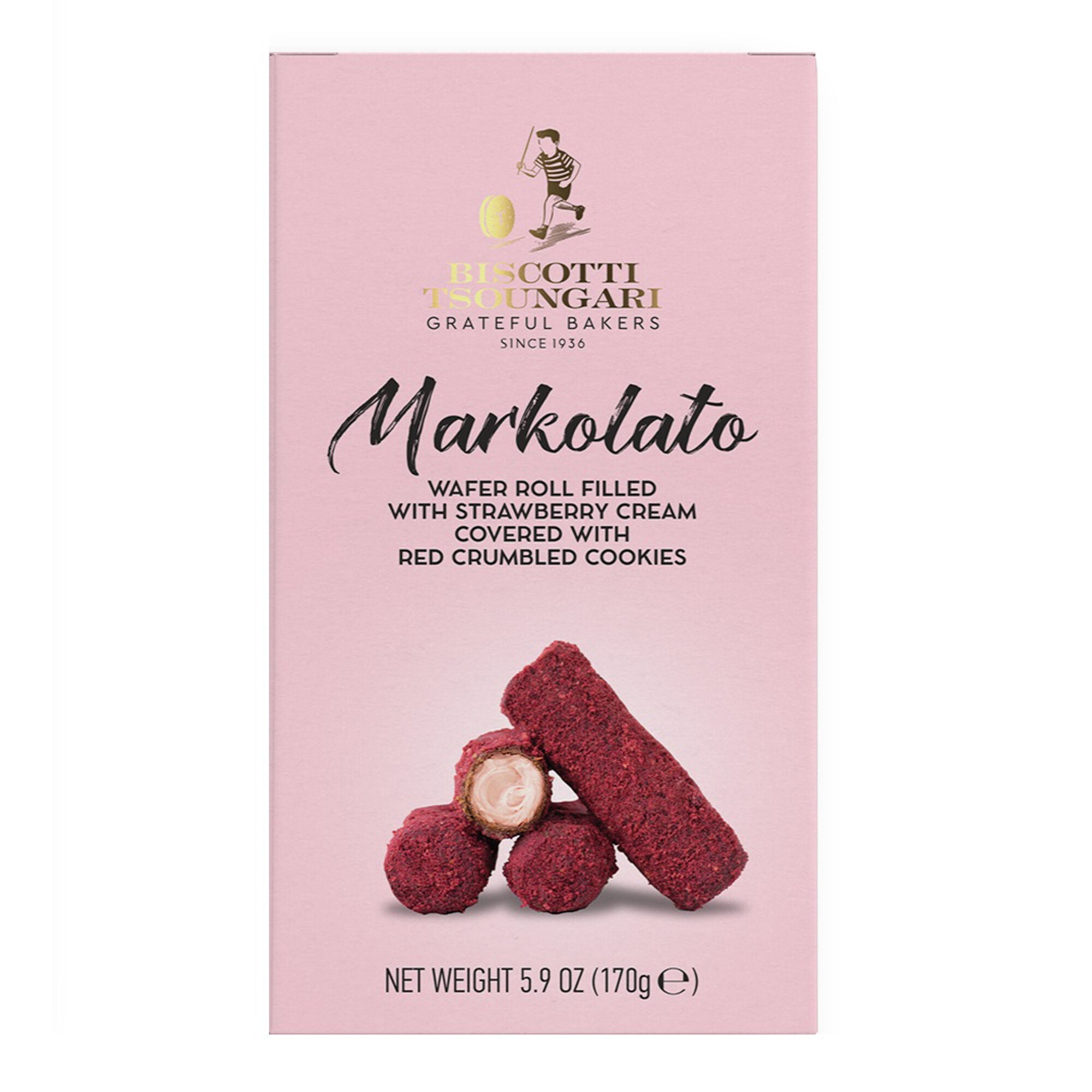 Wafer roll "Markolato" with strawberry cream and red crumbled cookies BISCOTTI TSOUNGARI 170g
